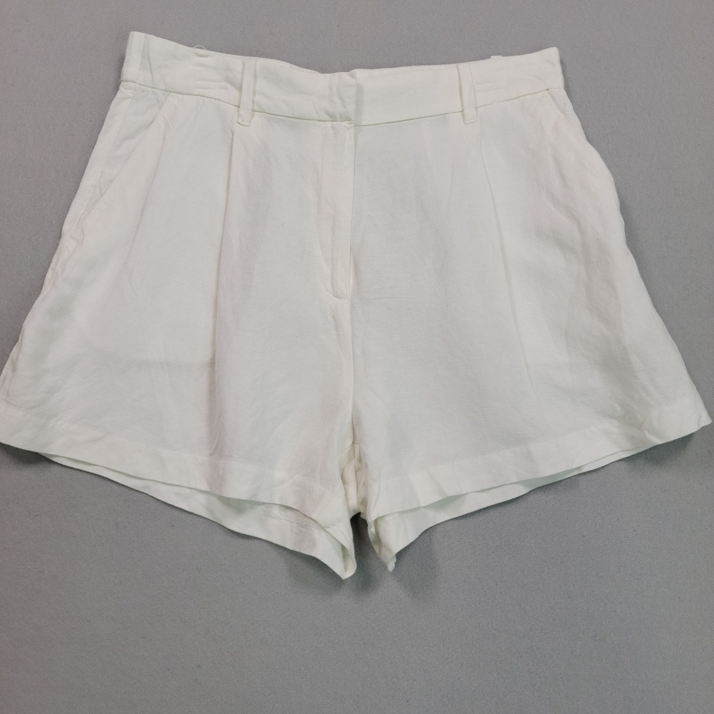 H&M Women White Linen Blend Pleated Shorts Size 12‎ High Rise Contemporary Chic